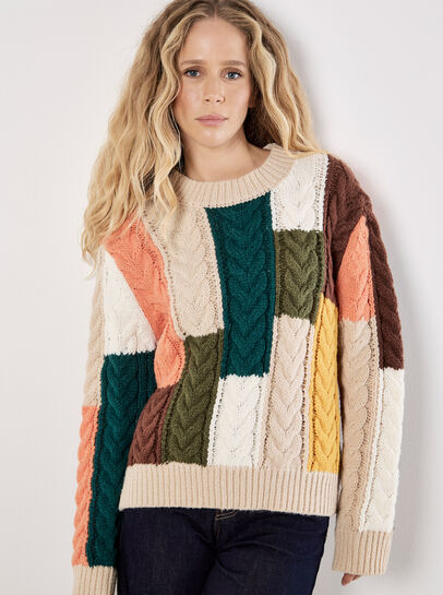 Colour Block Chunky Knit Cable Jumper