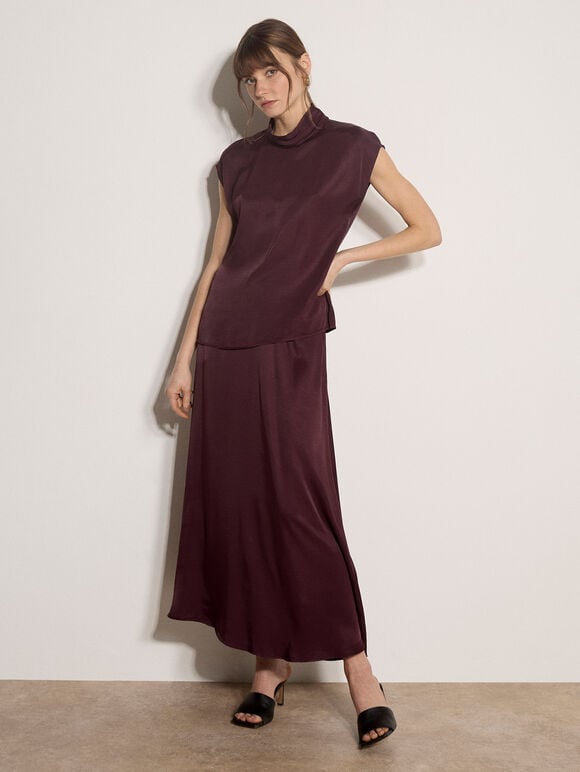 Satin A-Line Maxi Skirt, Purple, large