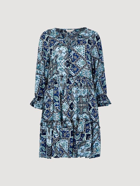 Scarf Print Tiered Mini Dress, Blue, large