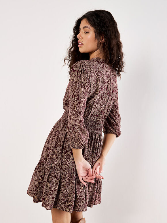 Paisley Ruffle Soft Mini Dress, Burgundy, large