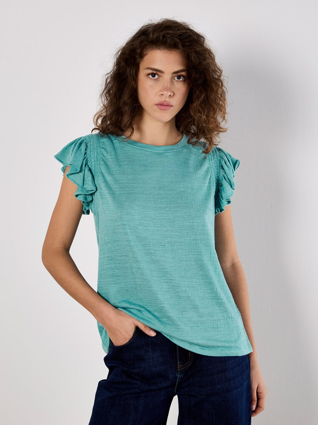 Soft Slub Ruffle Sleeve T-Shirt