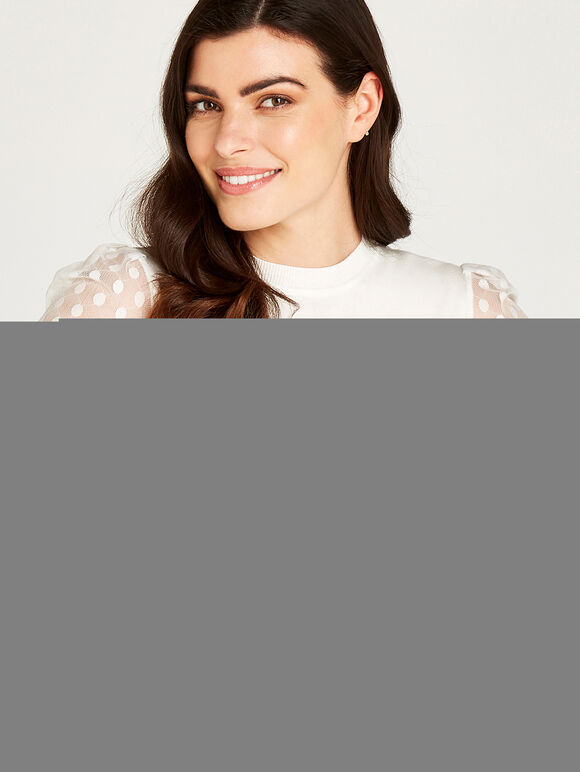 Polka Dot Mesh Sleeve Knit Jumper, Cream, large