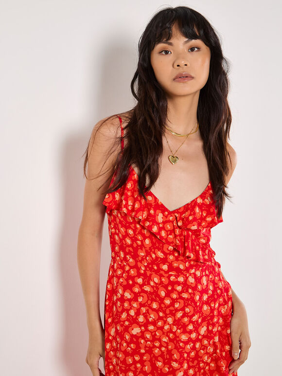 Leopard Print Ruffle Midi Dress, Red, large