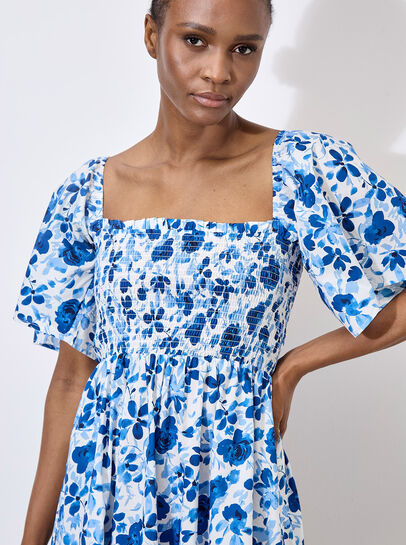 Smocked Cotton Floral Mini Dress