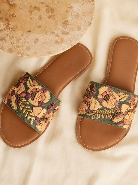 Embroidered Canvas Flat Sandal