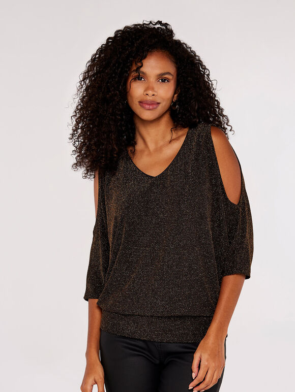 Sparkle Cold Shoulder Top, Brown, large