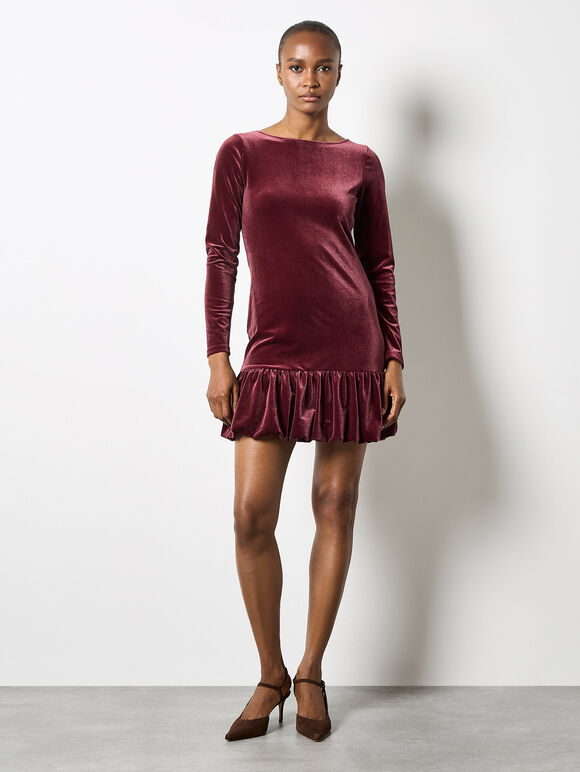 Velvet Bodycon Bubble Hem Mini Dress, Burgundy, large