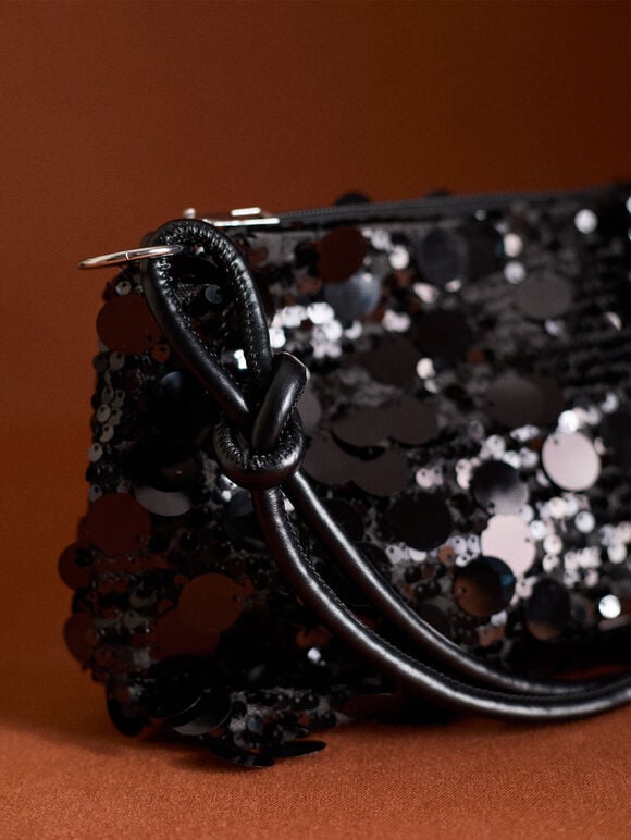 Sequinned Shoulder Bag, Black, large