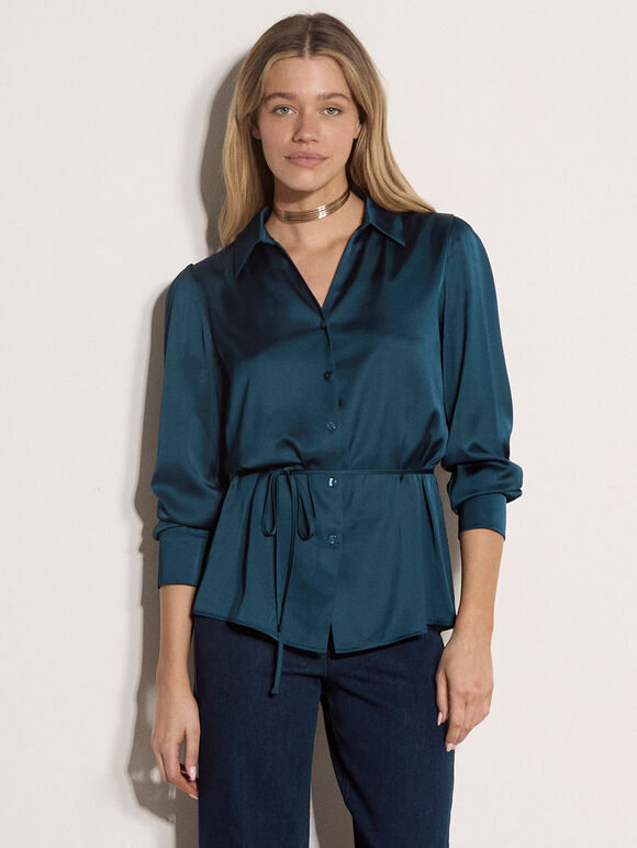 Soft Satin Shirt, Teal, large