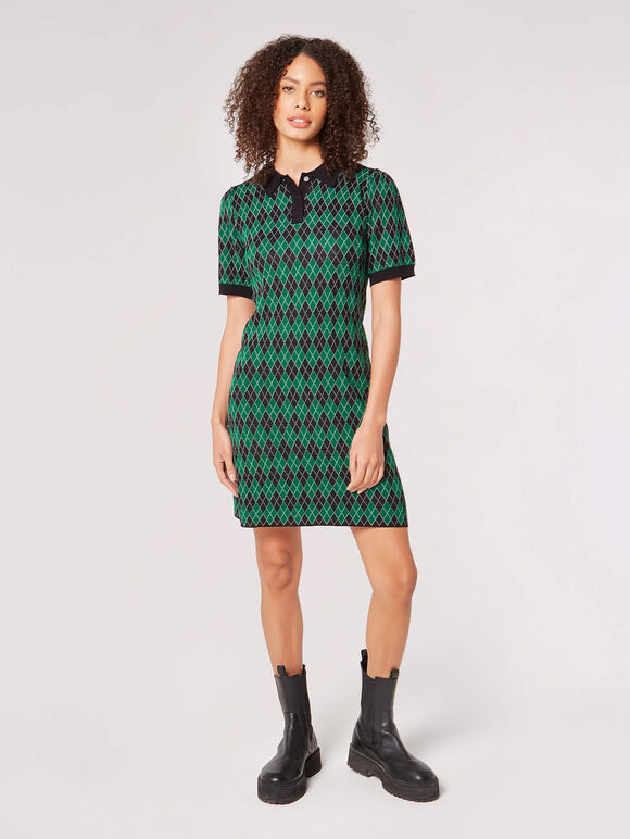 Knitted Argyle Mini Dress, Green, large