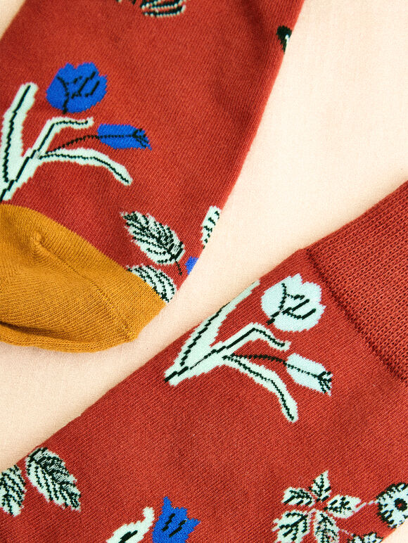 Floral Print Socks, Red, large