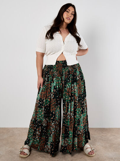 Floral Patchwork Crinkle Wide-Leg Trousers