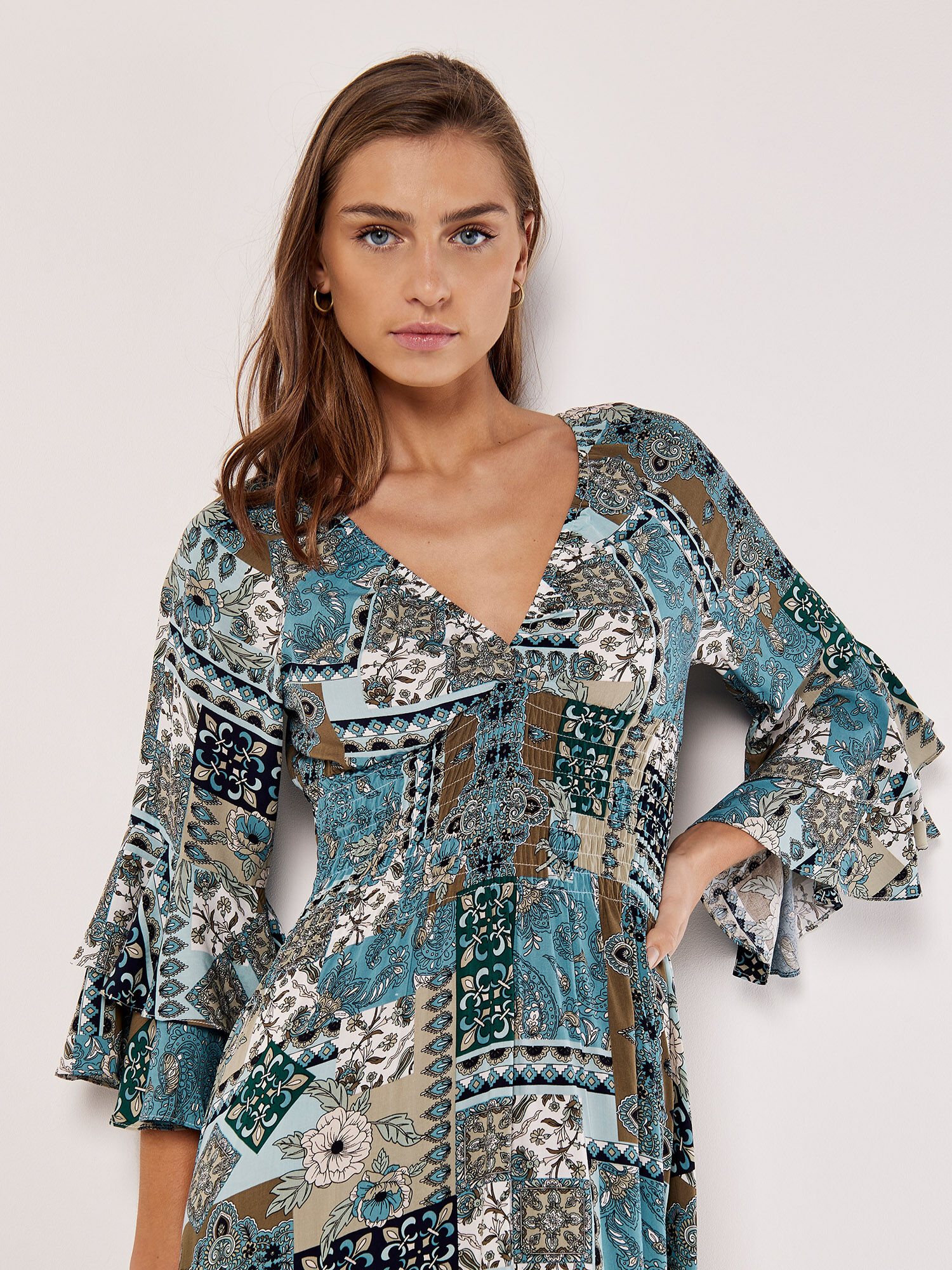 Patchwork Scarf Print Maxi Dress Apricot Clothing