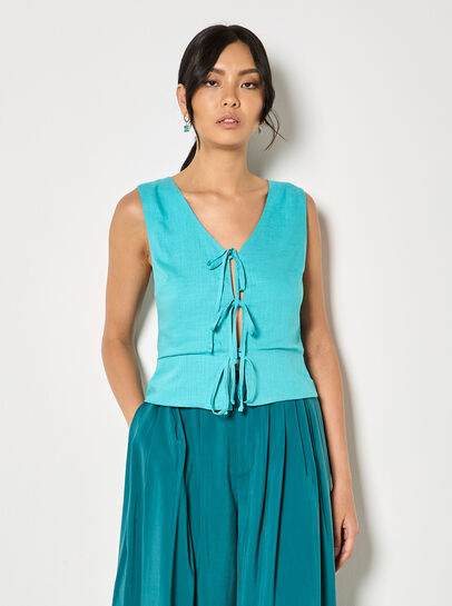 Tie Front Linen Blend Waistcoat