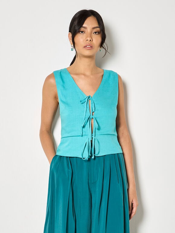 Tie Front Linen Waistcoat, Aqua - Turquoise, large