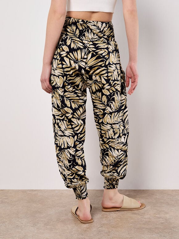 Tropical Leaf Print Tapered Joggers, Navy, large