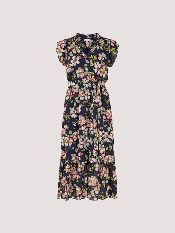 Smock Det Soft Floral Midi Dress, Navy, large