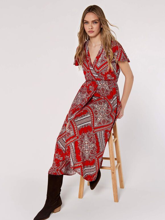 Scarf Print Midaxi Dress, Red, large