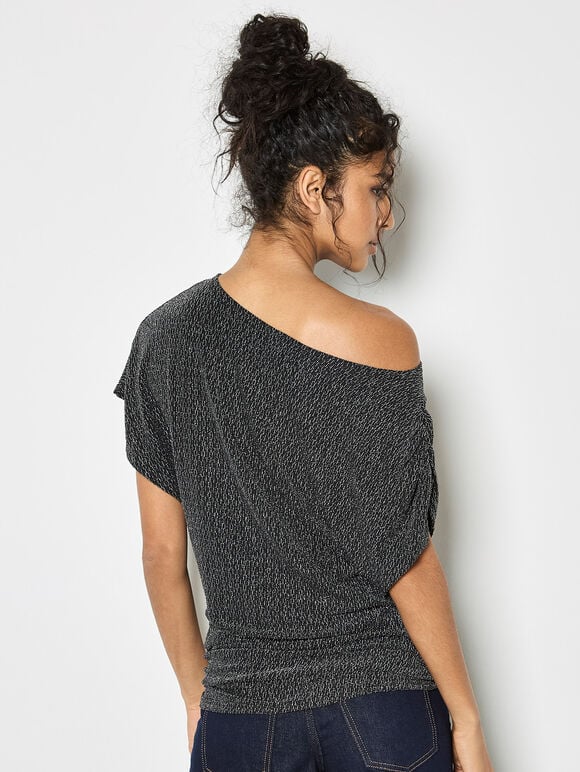 One-Shoulder Asymmetric Sparkle Top, Black, large
