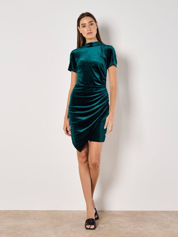 Velvet Ruched Mini Dress, Green, large