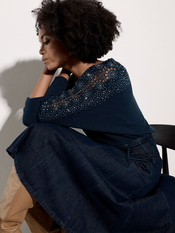 Lace Rhinestone Embellished Jumper, Teal, large