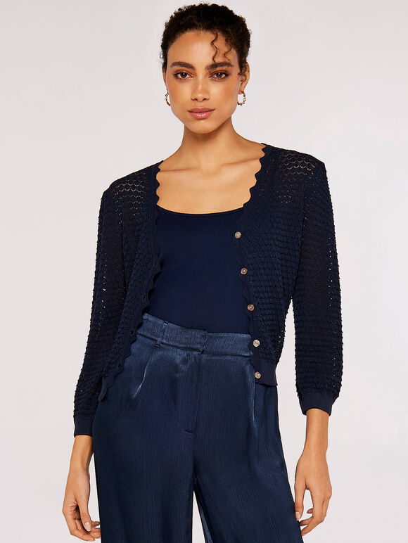 Knitted Scallop Crop Cardigan, Navy, large