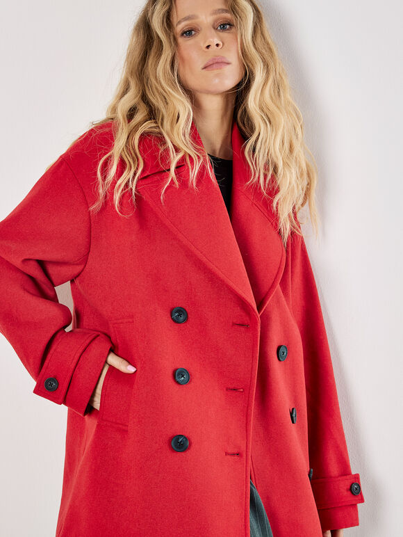 Tailored Double-Breasted Peacoat, Red, large