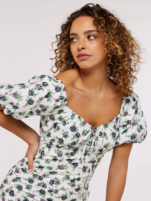 Floral Milkmaid Mini Dress, Cream, large