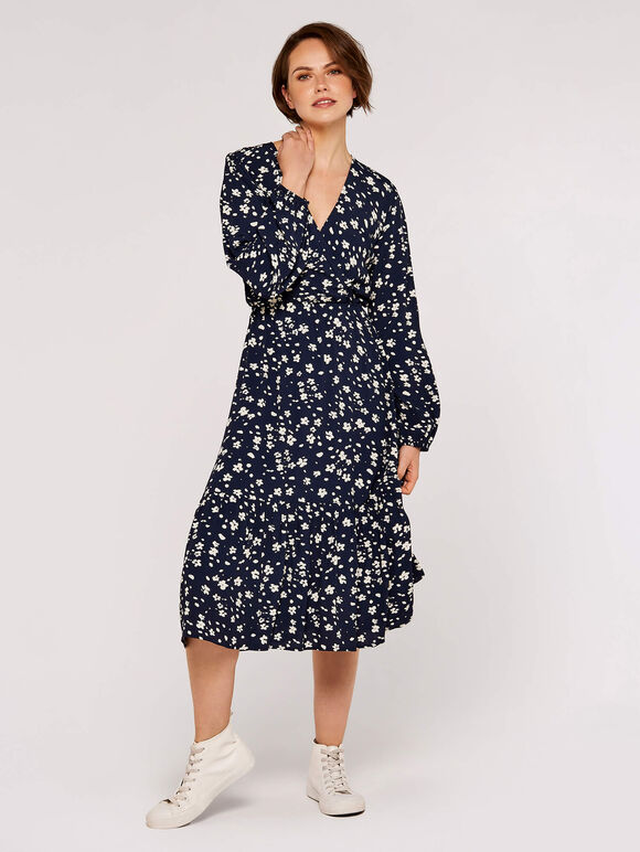 Floral wrap midi dress, Navy, large