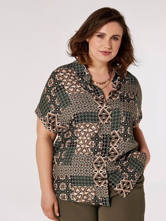 Curve Retro Patchwork Blouse, Khaki, large