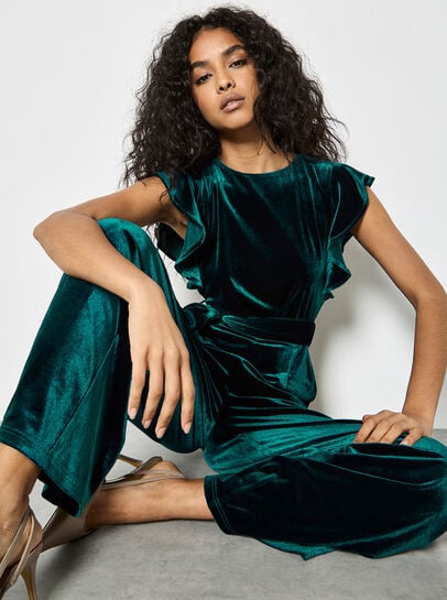 Wide Leg Velvet Ruffle Jumpsuit
