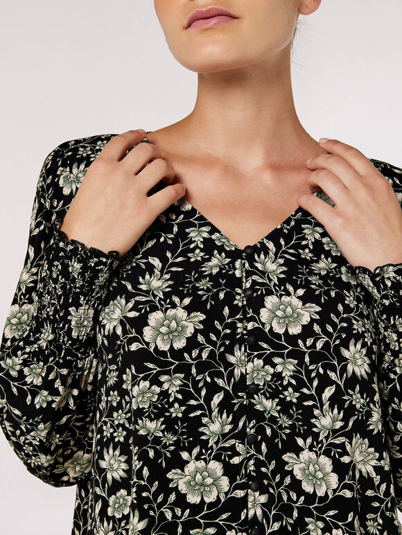 Floral Button Down Top, Black, large