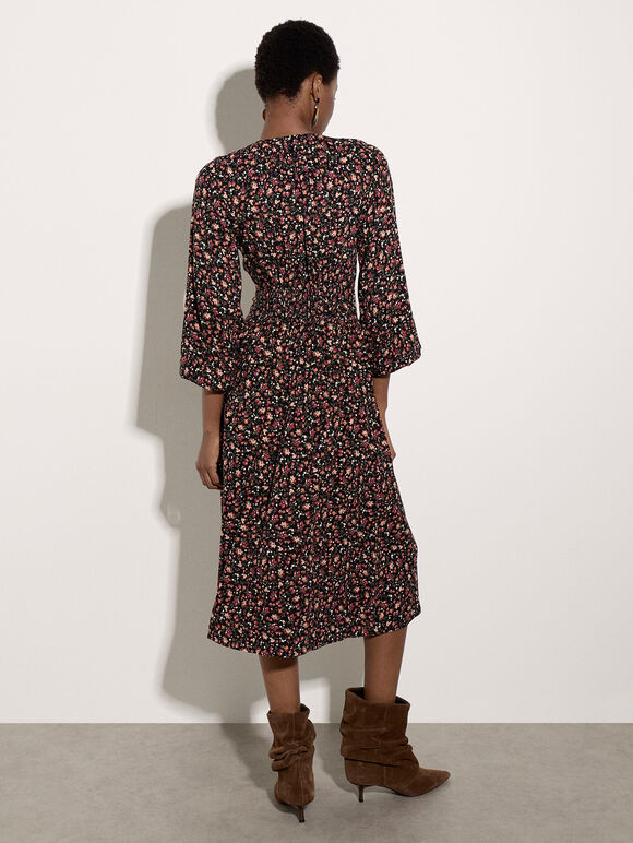 Ditsy Floral Crepe Midi Dress, Black, large