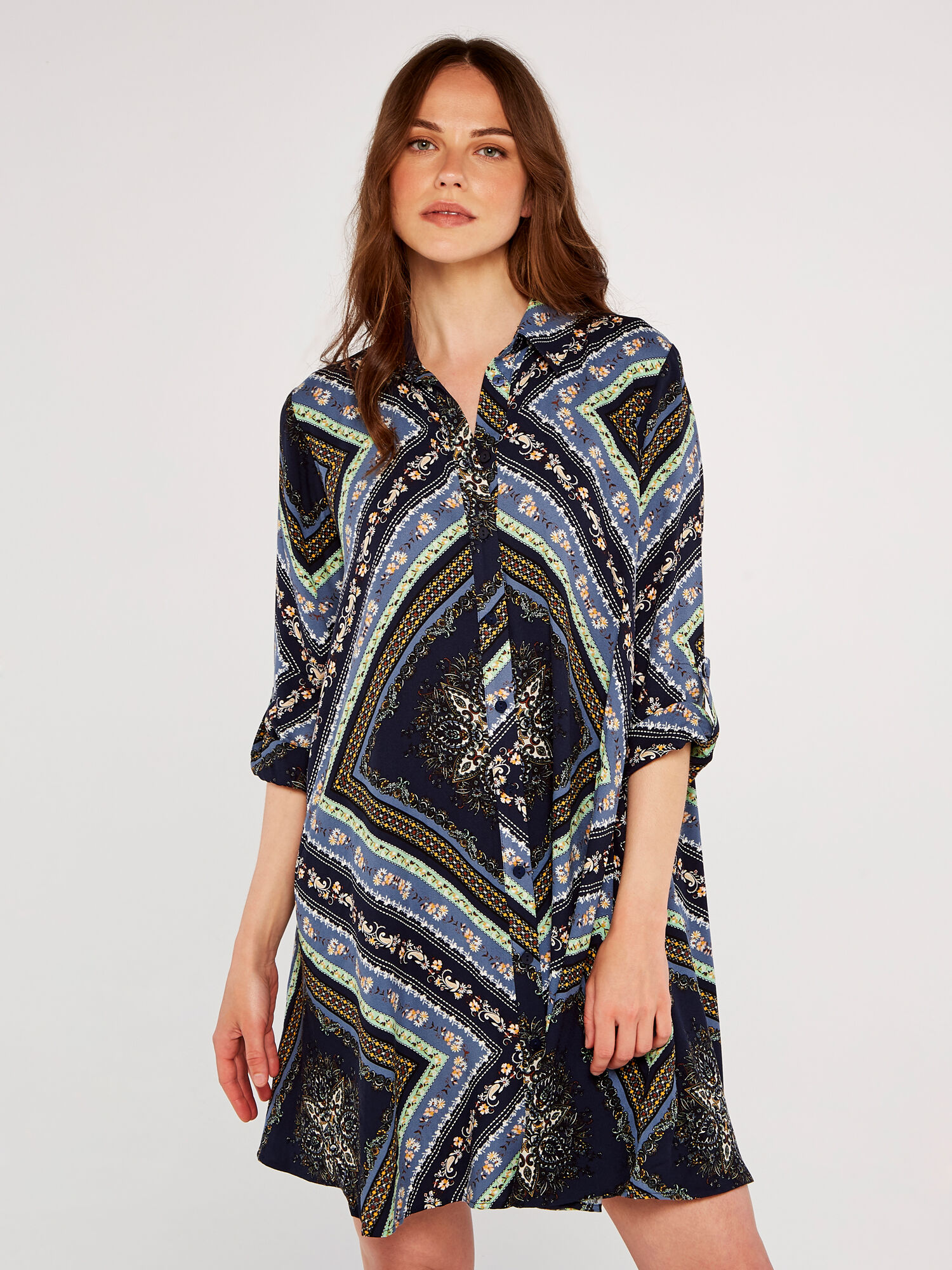 Satin scarf print shirt dress discount