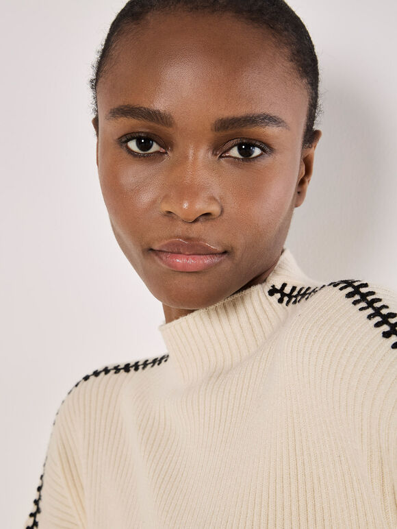 Blanket Stitch Ribbed Jumper, Stone, large