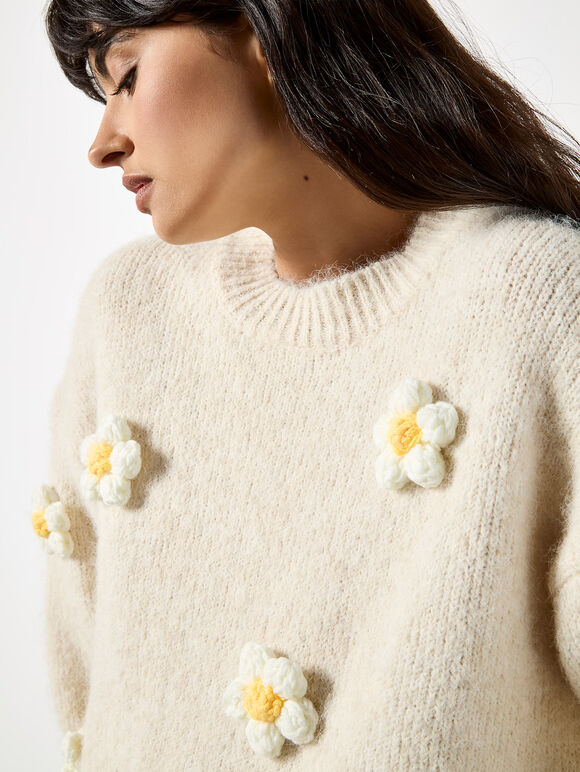 3D Daisy Embellished Oversized Jumper, Stone, large