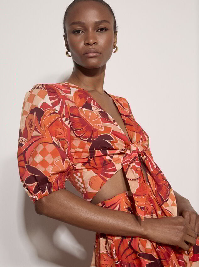 Tropical Leaf Patchwork Tie Front Top, Red, large