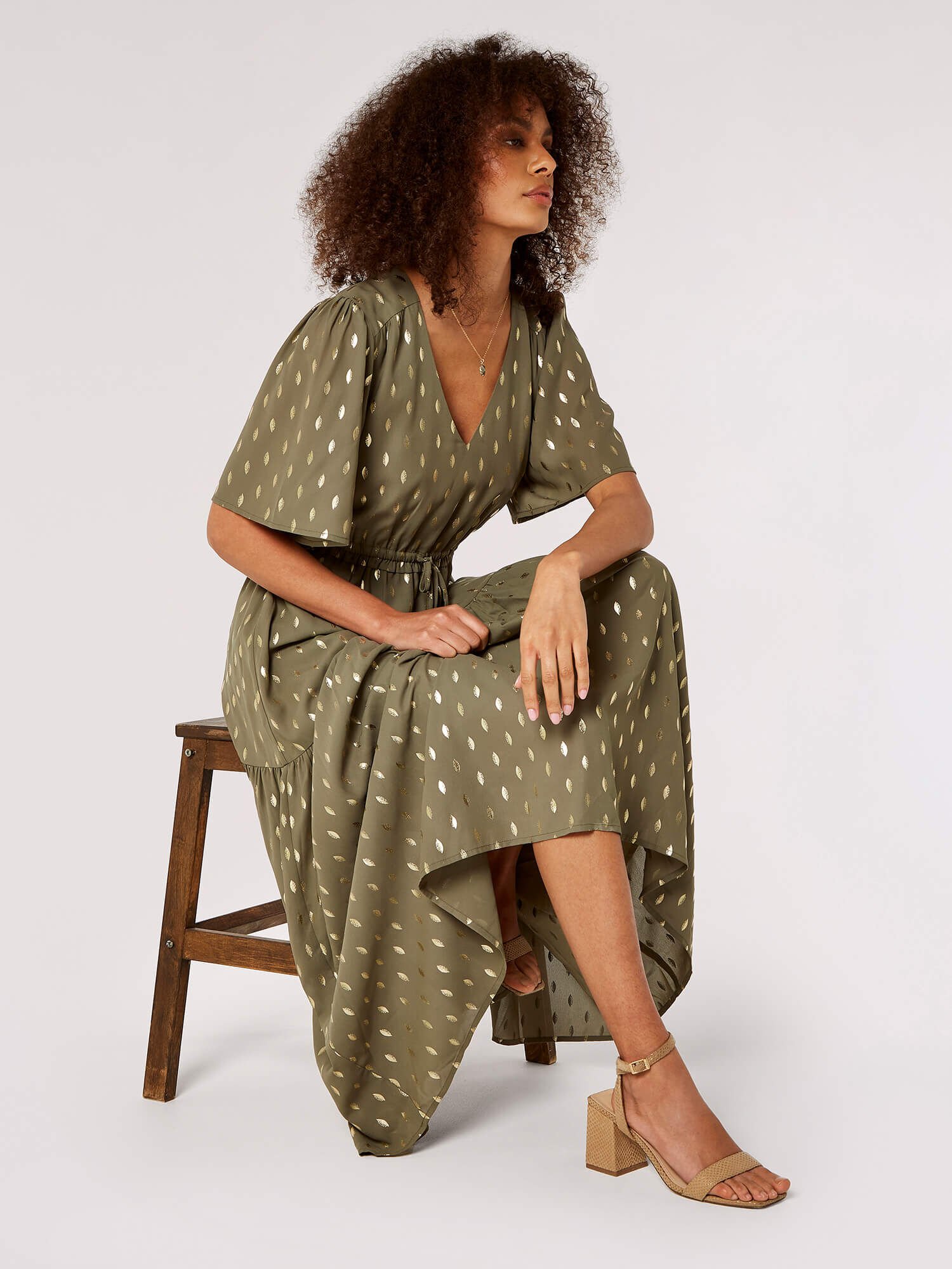 Gold Foil Tier Maxi Dress Apricot Clothing