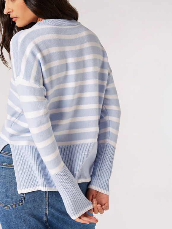 Split Hem Stripe Knitted Jumper, Blue, large