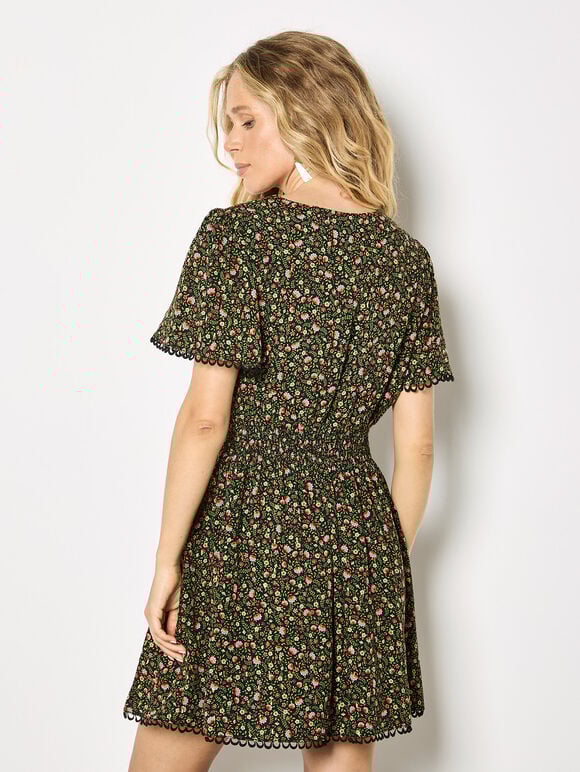 Ditsy Floral Gold Foil Mini Dress, Black, large