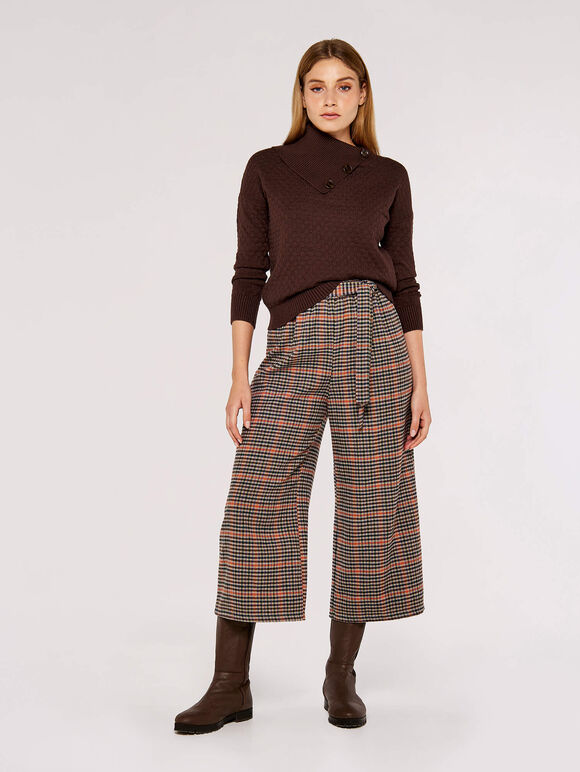 Button Neck Textured Jumper, Brown, large