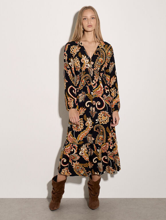 Crepe Folk Floral Midi Dress, Black, large