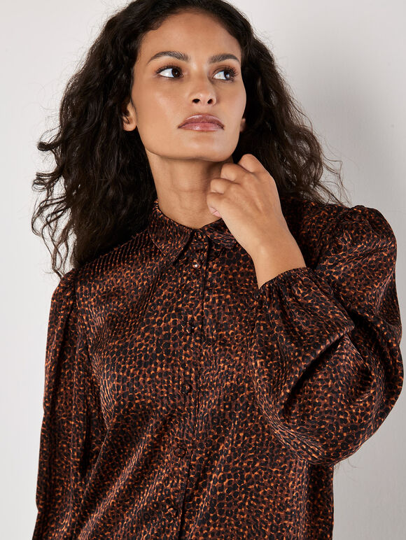 Animal Print Self Stripe Satin Shirt, Rust, large