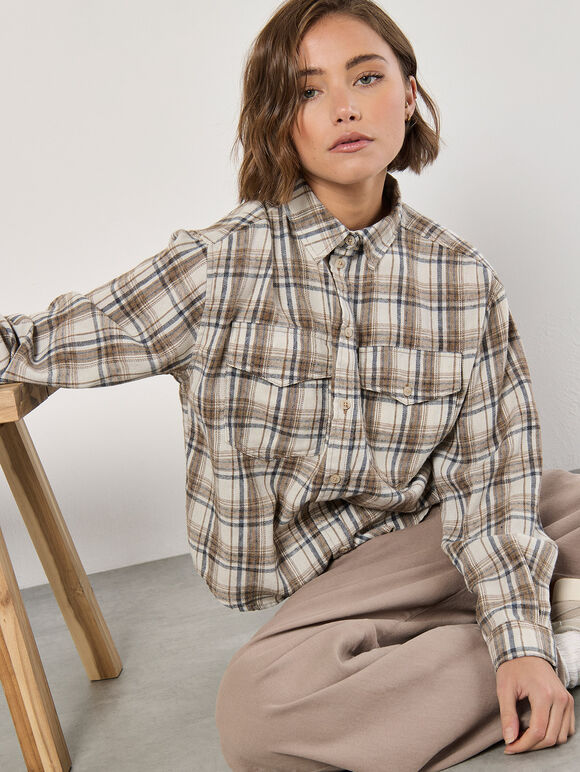Cropped Check Shirt, Cream, large