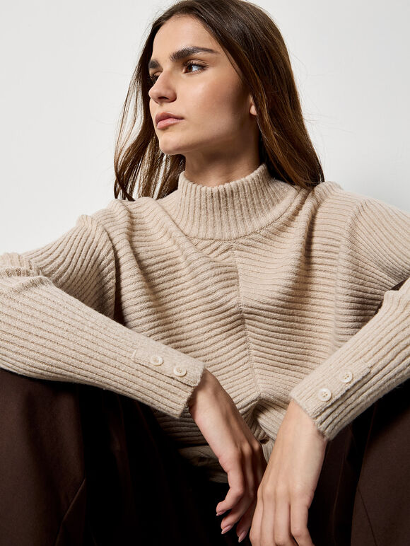 Chevron Knit Oversized Jumper, Stone, large