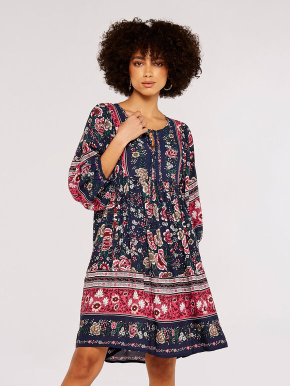 Folk Border Mini Dress, Navy, large