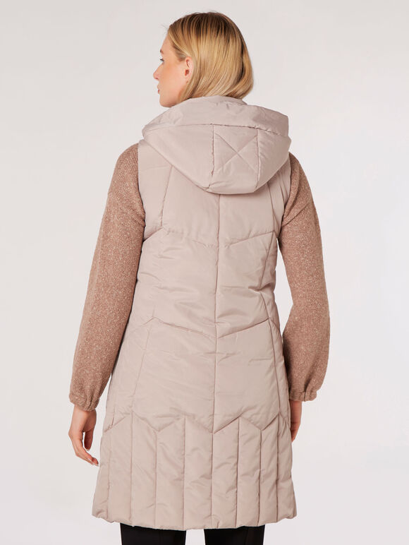Hooded Longline Puffer Gilet, Stone, large