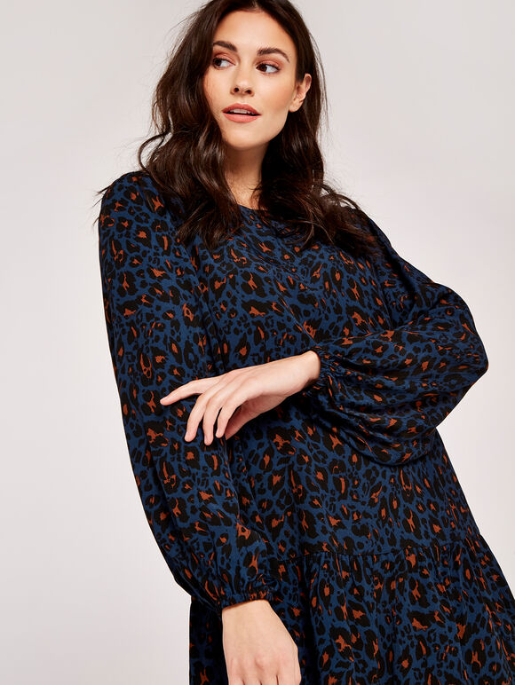 Tiered Babydoll Crew Neck Dress, Navy, large