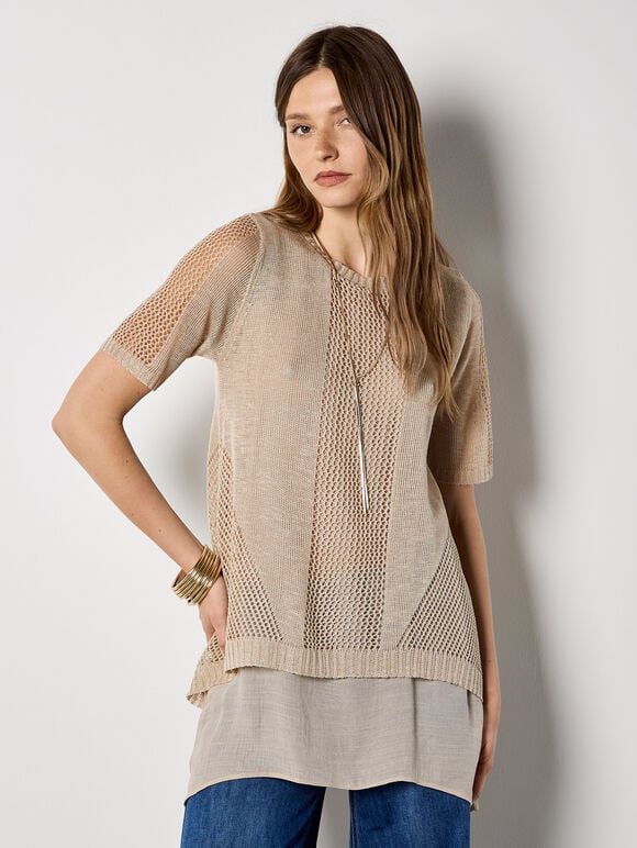 Pointelle Knit Layered Tunic Top, Stone, large