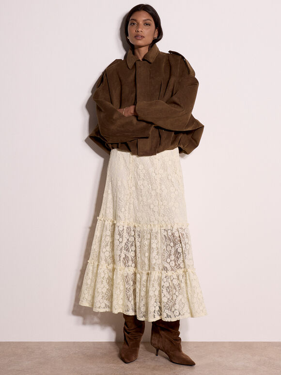 Suede Bubble Hem Batwing Jacket, Brown, large